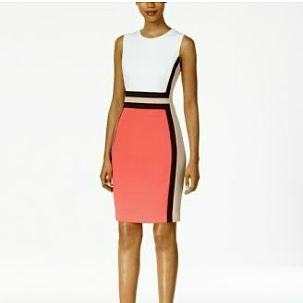 Calvin Klein Colorblock Dress - White, Coral, Black, Beige